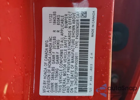 2023 Honda Civic Sport z USA, uszkodzony, nr VIN 2HGFE2F56PH509611